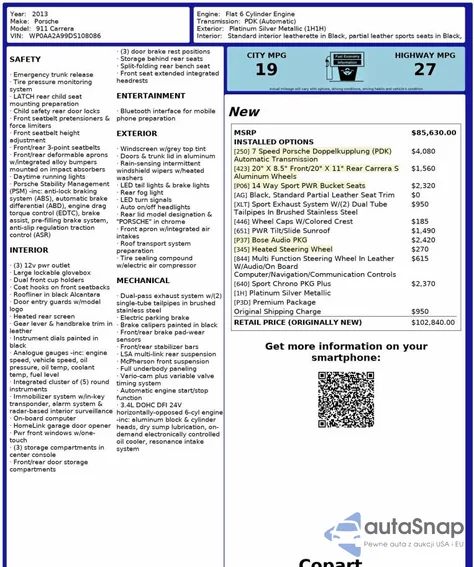 2013 Porsche 911 Carrera z USA, uszkodzony, nr VIN WP0AA2A99DS108086